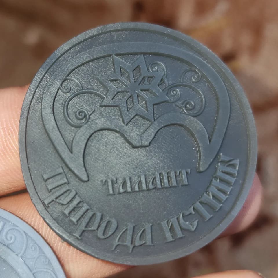 Серый рельефный жетон «Талант» с орнаментом и надписью «Природа истины» в руке.